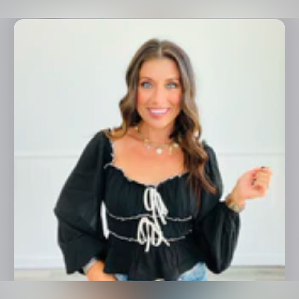 Drawstring Bow Ruched Ruffle Scoop Neck Top (Reg.) × 1 - Picture 4 of 4
